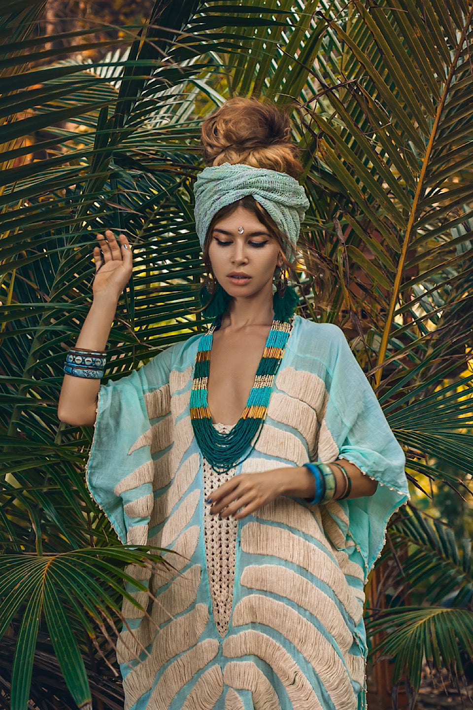 Tribal Embroidered Kaftan - Aqua