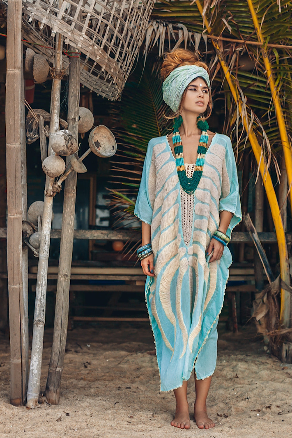 Tribal Embroidered Kaftan - Aqua