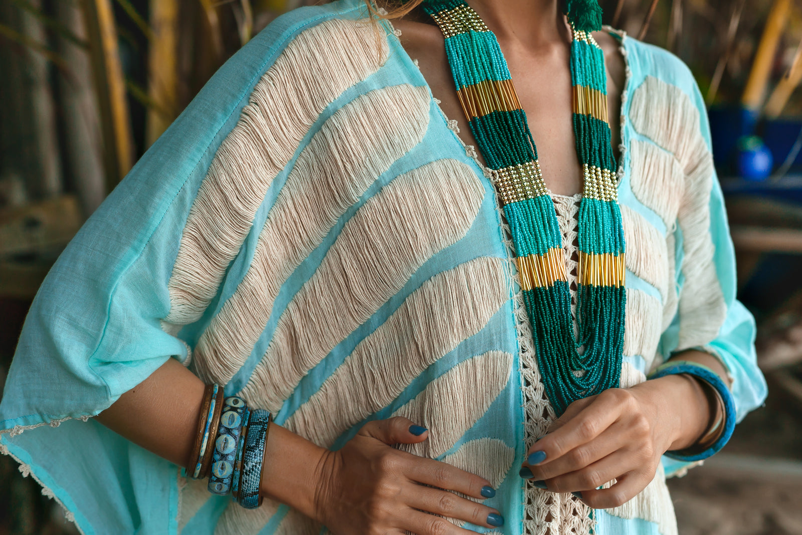 Tribal Embroidered Kaftan - Aqua