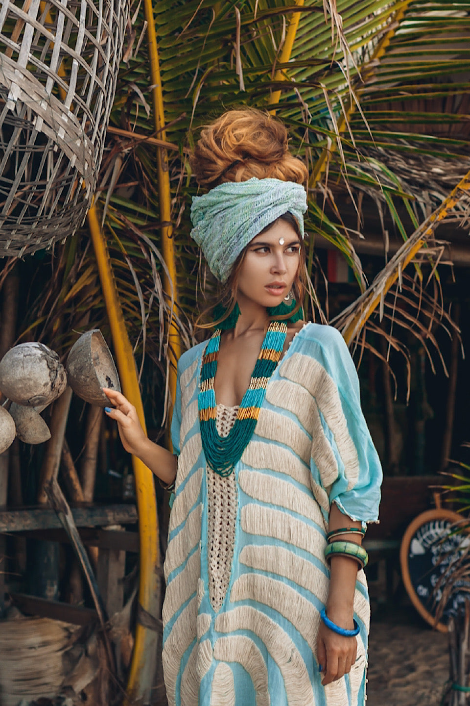 Tribal Embroidered Kaftan - Aqua