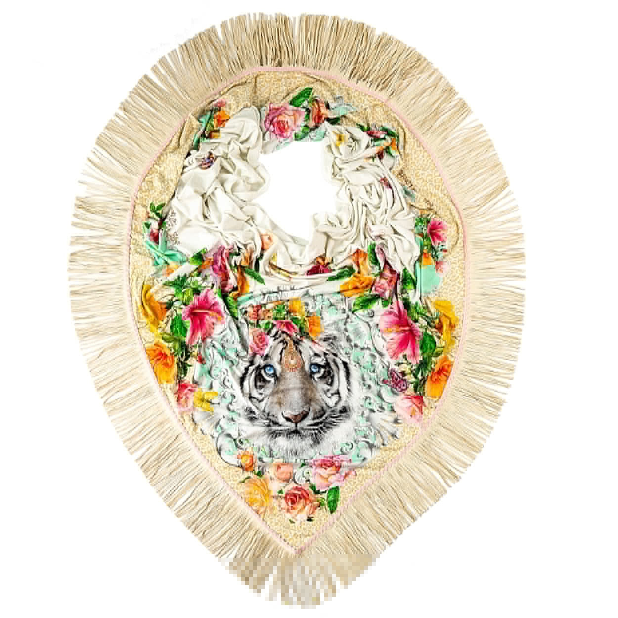 Snow Tiger Floral Fringe Poncho