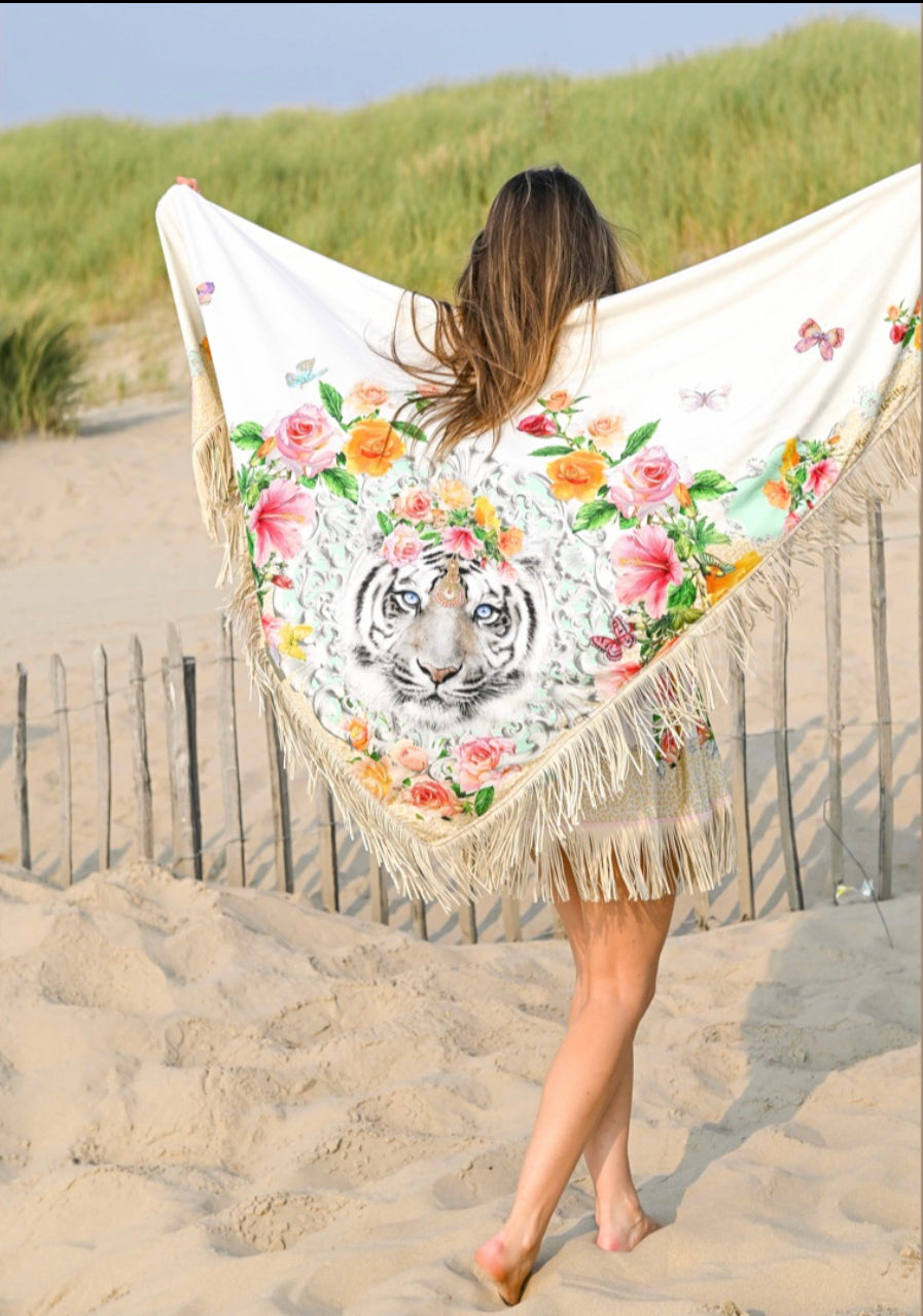 Snow Tiger Floral Fringe Poncho