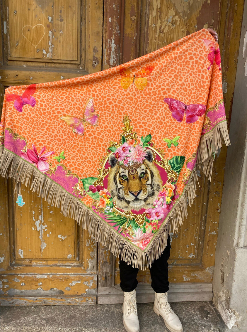 Tangerine Tiger Fringe Poncho