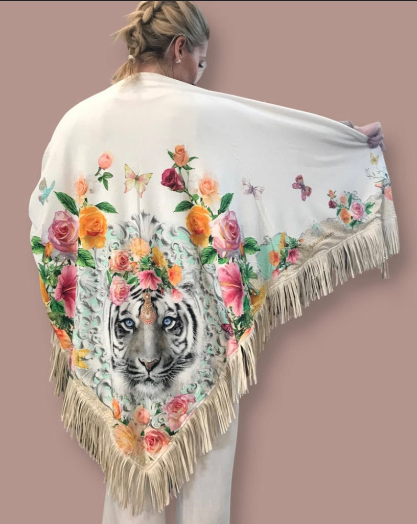 Snow Tiger Floral Fringe Poncho