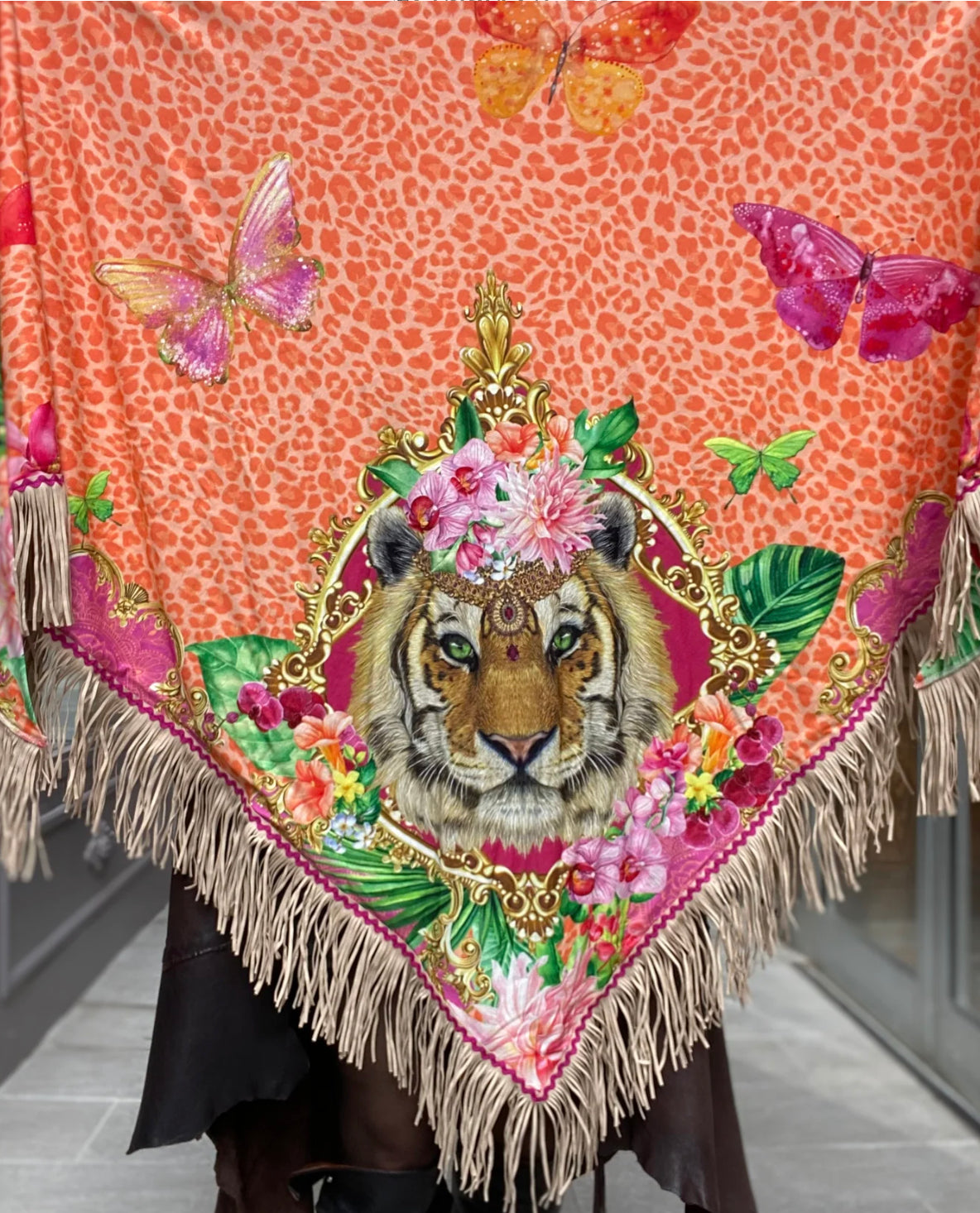 Tangerine Tiger Fringe Poncho