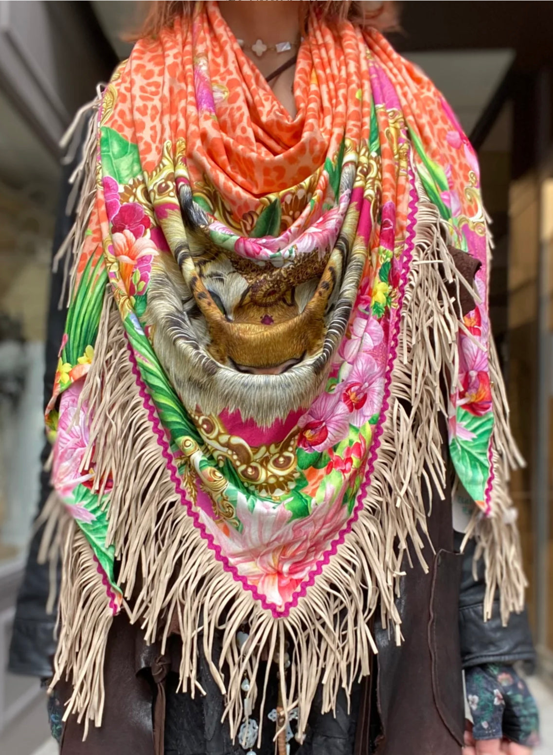 Tangerine Tiger Fringe Poncho